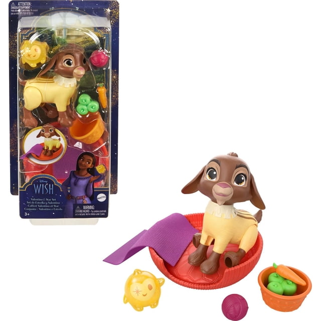 Disney Wish Valentino & Star Ensemble avec 2 Figurines et 6 Accessoires Mettant en Vedette une Chèvre Brun et Crème Articulée Assise dans un Lit pour Animal Rouge avec une Couverture Violette, un Accessoire en Forme d'Étoile Jaune, une Pelote de Laine Rouge, un Petit Panier orange avec des Pommes Vertes et une Carotte, et un Accessoire Carotte Ample pour Raconter des Histoires Créatives.
