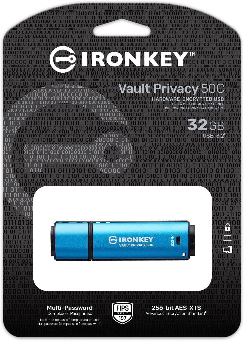 Kingston Ironkey Vault – Clé USB Privacy 50 USB-C 32 Go | Certifiée FIPS 197 | XTS-AES 256 bits | Protection BadUSB et Brute Force | Option multi-mot de passe | IKVP50C/32 Go