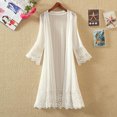 thumbnail image 2 of Women Solid Color Lace Cardigan Open Front Shrug Hollow Patchwork Sheer Short Sleeve Long Cover-Up Blouse Tops, 2 of 5