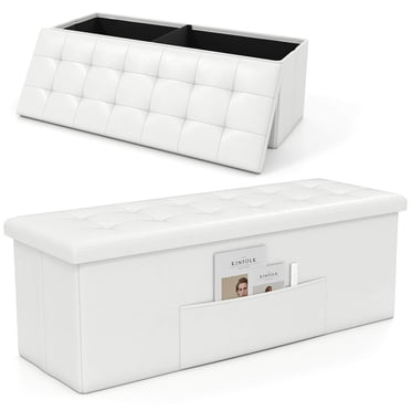 Costway 43 Inches Folding Storage Ottoman Bench Foot Rest Stool with Side Pocket White