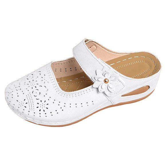 Women's Close Toe Platform Sandals Floral Cutout Adjustable Hook Loop Slip On Wedge Clogs Mules Beach Slide White Size 8