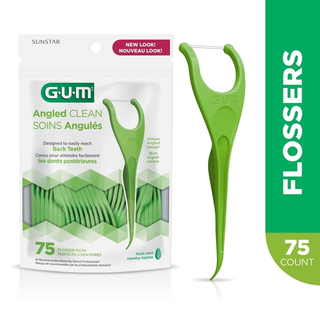 GUM® Angled Clean Flossers fresh mint flavor, 75 green floss picks with a Y-shaped angled handle for easy access to back teeth, designed to clean between tight spaces and remove plaque, packaged in a resealable pouch suitable for daily oral care and travel.