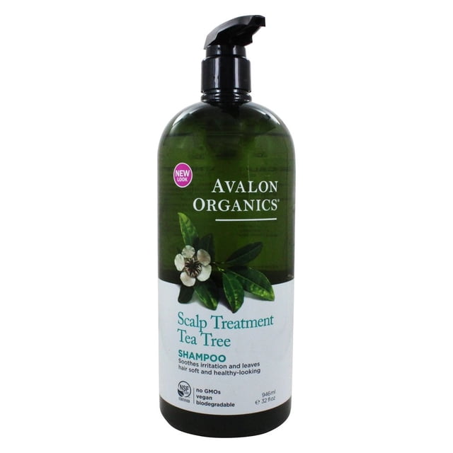 Avalon Organics - Shampoo Scalp Treatment Tea Tree - 32 fl. oz. bottle with a pump dispenser. The green bottle features a label highlighting its tea tree formula, designed to soothe scalp irritation and promote healthy-looking hair. Certified organic, vegan, and free from GMOs, parabens, and synthetic additives.
