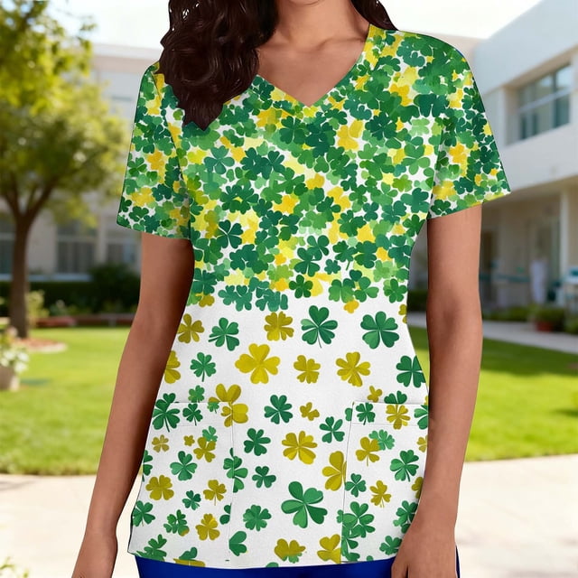 Mceream Nurse St Patricks Day Shirt for Womens Breathable Plus Size Nurse Working Uniform Shamrocks Print Scrub Tops V Neck Short Sleeve Fun Nursing Uniforms Green XXXXL