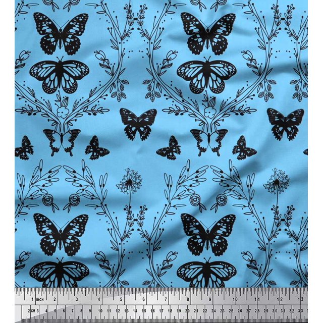 Soimoi Polyester Crepe Fabric Leaves,Floral & Butterfly Print Fabric by The Yard 52 Inch Wide