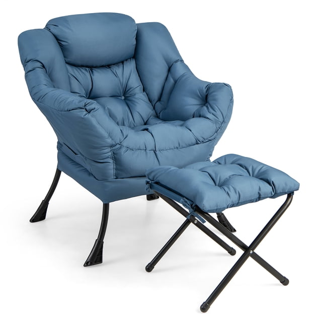 Gymax Lazy Sofa Chair Accent Leisure Armchair with Folding Footrest & Storage Pocket in blue. The chair features an oversized ergonomic seat with soft doll cotton filling, a head pillow, and armrests for comfort. Includes a foldable footrest with a removable cushion that doubles as an additional seat. Made with durable polyester fabric and a sturdy metal frame, supporting up to 330 lbs for the chair and 110 lbs for the footrest. Suitable for living rooms, bedrooms, or balconies.