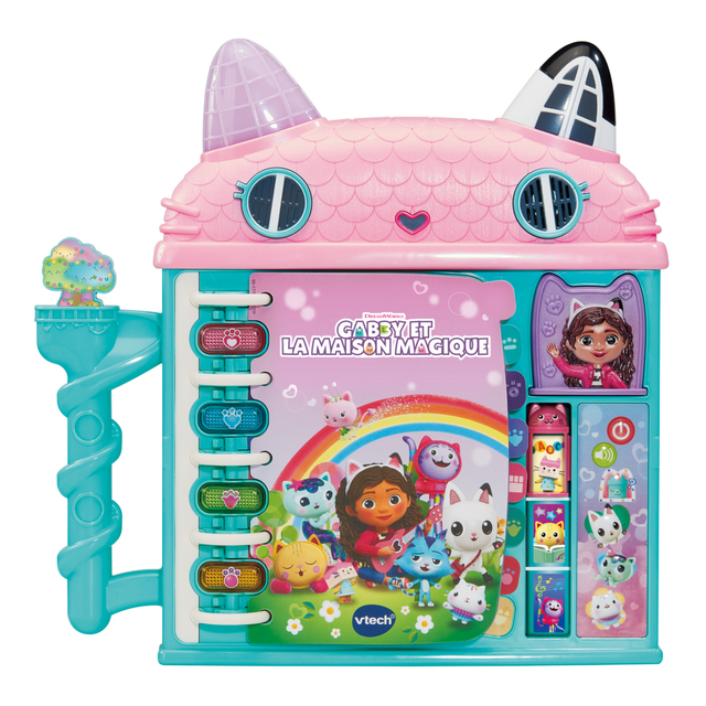 VTech® Gabby's Dollhouse Cat-a-Vator Discovery Book - French Version, a pink cathouse-shaped interactive toy with a textured roof and two ears, featuring a spiral slide on the left, four colorful paw-print buttons on the spine, and a central book cover with animated characters and the title 'Gabby et La Maison Magique'. The right side includes character buttons, a power button, and a small window with a character figure. Designed for children 3+ to explore reading, vocabulary, and music through interactive play.