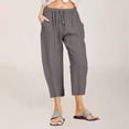 thumbnail image 2 of Women Casual Solid Cotton Linen Drawstring Elastic Waist Wide Leg Pants Cropped Trousers, 2 of 6