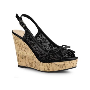 BLISSFUL STEP Women's Shoes Floral Lace Platform Peep Toe Wedge Heel Sandals Black 9