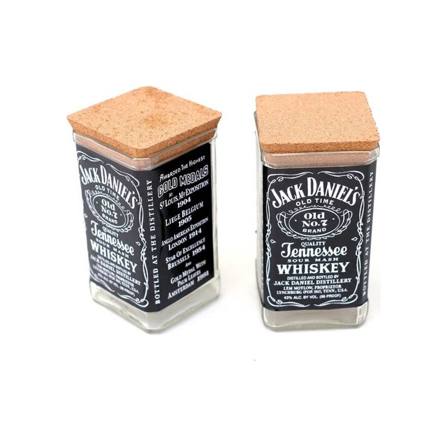 WASABOTTLE Repurposed Jack Daniels Whiskey Bottle Stash Storage Jars Cork Lids for Sugar | Flour | Lentil | Coffee | Pasta | Stash - JD Bourbon Bottle (Set of 2 + Engraving)750ml