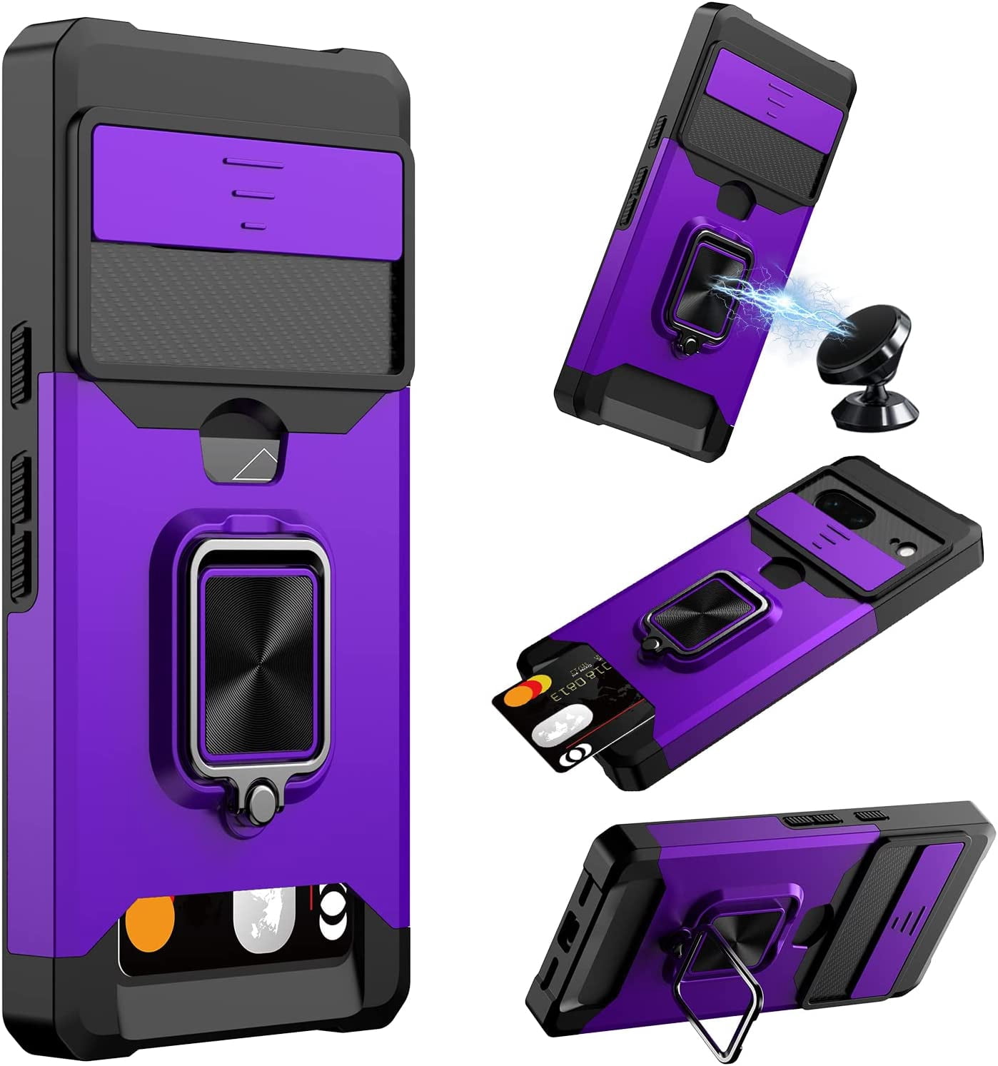 ORUYROP for Google Pixel 7 Case,Multi-Functional Pixel 7 Wallet Case with Card Holder,Sliding Camera Cover & Ring Holder Magnet Kickstand Protective Phone Case for Google Pixel 7 5G(2022),Purp