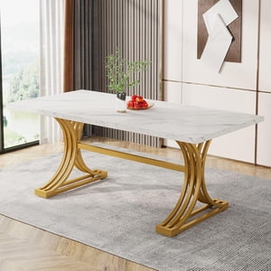 63-Inch Rectangular Dining Table for 4 to 6, Modern Kitchen Table with Stylish Metal Trestle Legs