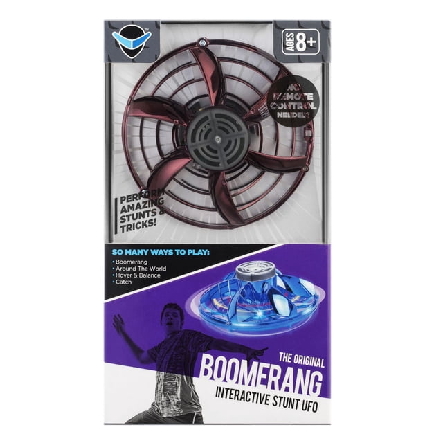 Le Boomerang Interactif Original UFO - Rouge dans l'Emballage, Montrant un Jouet Cascade Volant Rouge Circulaire avec Cinq Lames Courbées à l'Intérieur d'Une cage Protectrice, Conçu pour 8 Ans et Plus, Aucune Télécommande Requise, capable de Cascades de Style Boomerang, de Planer, d'Équilibrer et de Attraper, avec des Détails de Marque et d'Utilisation sur la Boîte.