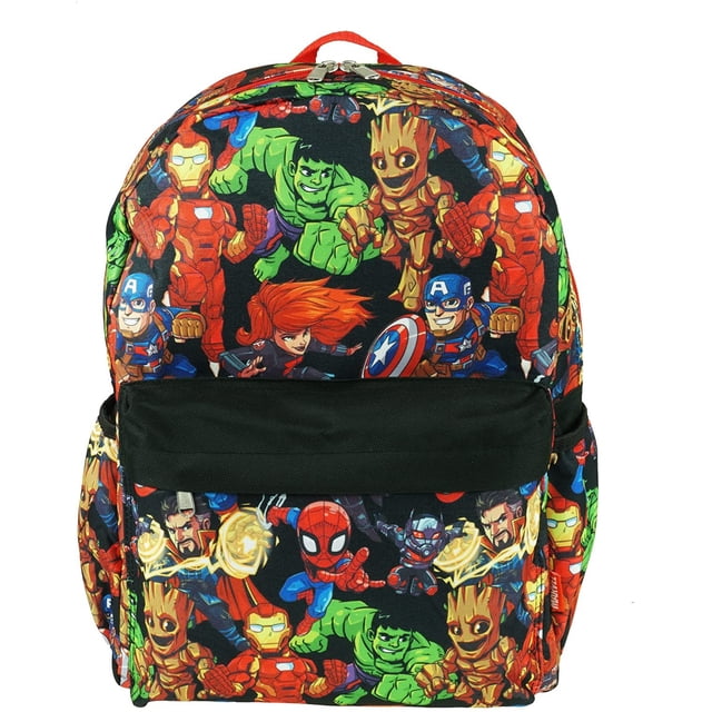 Kawaii Avengers Sac à Dos 16 Pouces Grand Imprimé Intégral - Noir