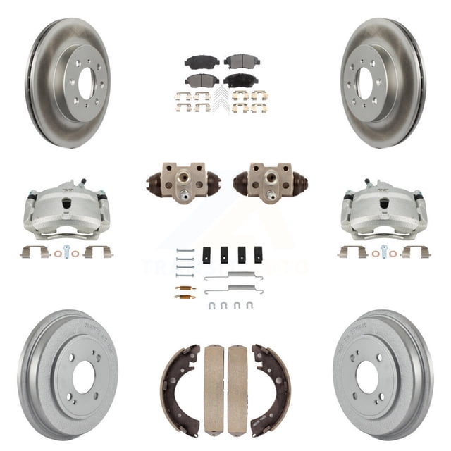 Transit Auto Front Rear Disc Brake Caliper Coated Rotors Drums Ceramic Pads Shoes Wheel Cylinders and Hardware Kit (11Pc) for Car Honda Civic with 4 Lug Wheels KCG-100387T