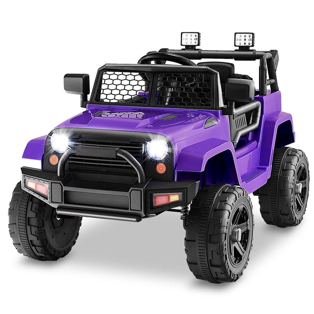 Costway 12V Kids Ride On Truck Car Electric Vehicle Remote with Music & Light Purple. This battery-powered ride-on features a vibrant purple design with bright headlights, a honeycombed windshield, and 180° rotatable mirrors. Equipped with anti-slip wheels, spring suspension, and a slow start function for smooth and safe rides. Includes a seat belt, door locks, and parental remote control for added safety. USB and Aux ports allow kids to enjoy music while driving. Suitable for children aged 3-7 years, with a weight capacity of 66 lbs. Dimensions: 39 x 26 x 26 inches.