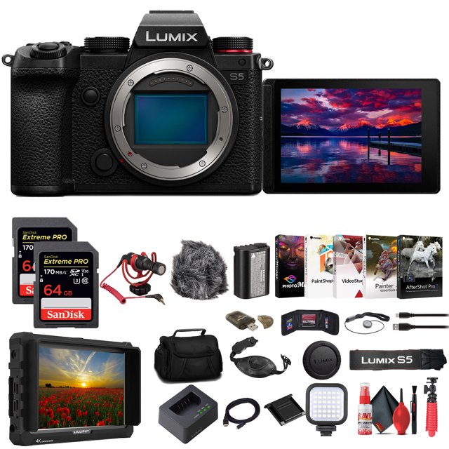Panasonic Lumix S5 Appareil Photo Sans Miroir (DC-S5BODY) + Moniteur 4K + 2 x Carte Mémoire 64 Go + Sac + Lecteur de Carte + Lumière LED + Logiciel Photo Corel + Micro Rode Compact + Trépied Flexible + Sangle de Main + Plus