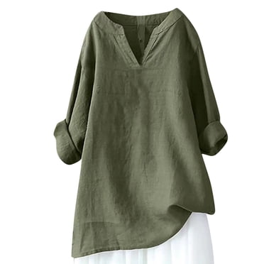 IROINID Savings Plus Size Shirts for Women Cotton Shirts for Women Leisure Slot Neck Long Sleeve Loose Cotton And Linen Shirts Summer Shirts Blouse,Olive Green
