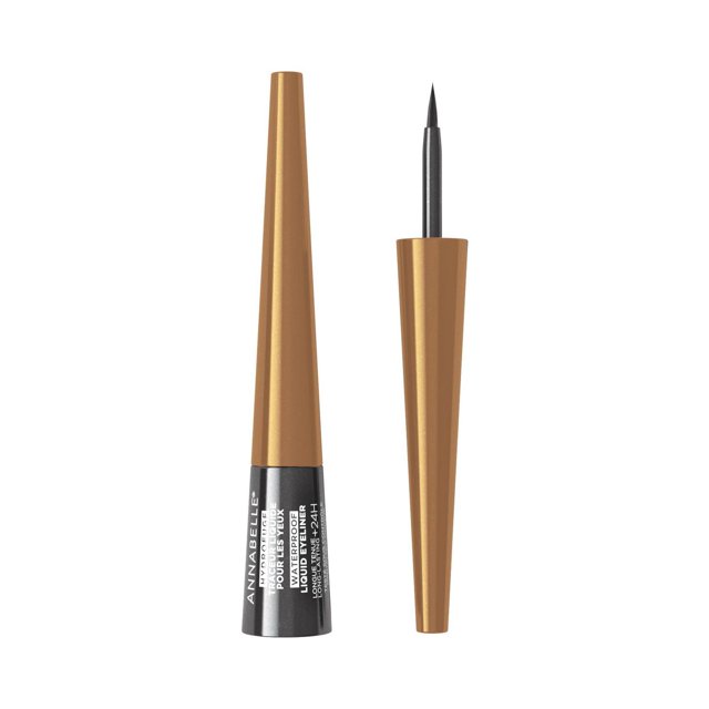 Annabelle Waterproof Liquid Eyeliner with one closed tube and one open showing the precise felt-tip applicator, featuring a gold tapered cap and black base with white text, designed for long-lasting, waterproof eye makeup.