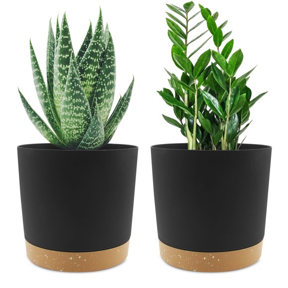 QCQHDU 2 Pack 6.5 inch Plant Pot, Black Plastic Indoor Planter with Drainage Holes and Removable Base
