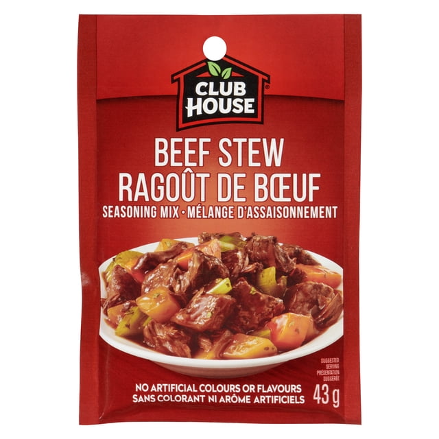 Club House Beef Stew Dry Sauce Seasoning Mix 43g packet with red packaging featuring bilingual English and French text, a white bowl of beef stew with beef chunks, carrots, and celery, and a label stating no artificial colours or flavours, suitable for enhancing homemade stew dishes.