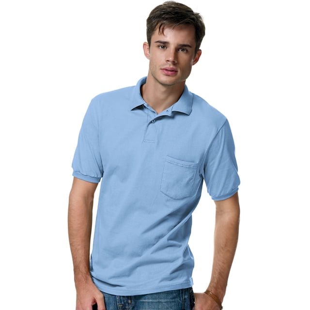 Hanes Mens CottonBlend EcoSmart Jersey Polo With Pocket 2-Pack, S, Light Blue