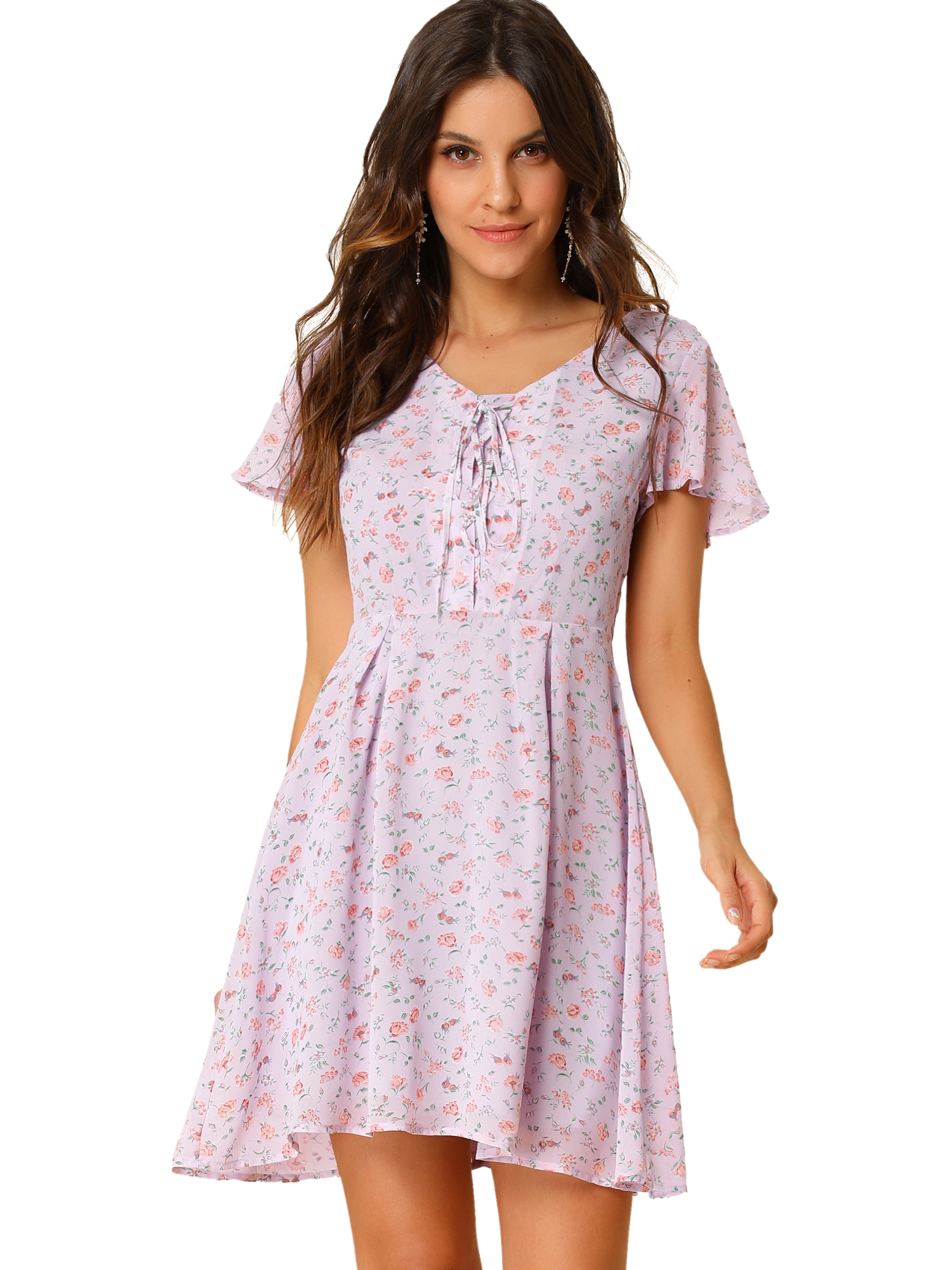 INSPIRE CHIC Women's Floral Lace-up Chiffon Dress