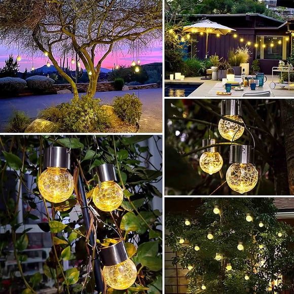 Solar Powered Crackle Glass Ball Pendant Light - LED Rattan Hanging Lantern for Garden, Patio, and Outdoor Decorative Lighting