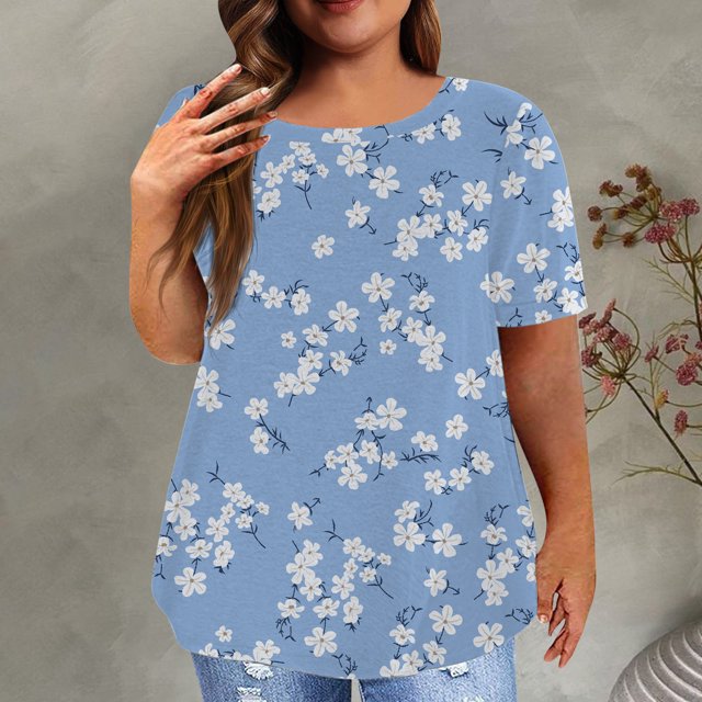 EGNMCR Hauts Grande Taille pour Femmes Décontractés à Imprimé Manches Courtes Col Rond Été Hauts Amples T-Shirt Blouse