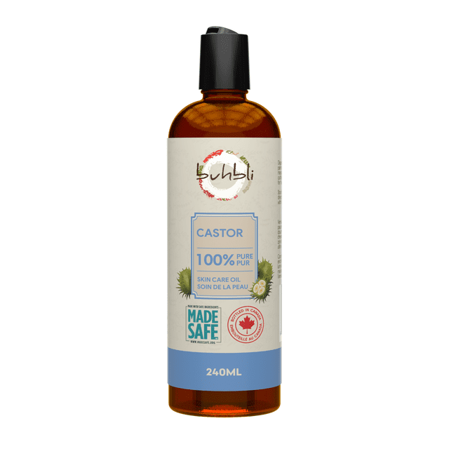 Buhbli Brands - Huile de Ricin, 240 ml, 100 % Pure et Naturelle dans une Bouteille Ambre avec Bouchon à Rabat Noir, Étiquetée pour les Soins de la Peau et l'Utilisation d'Huile pour le Corps, avec certification Sécuritaire Fabriquée au Canada et Fabriquée, Convient pour Hydrater la Peau Sèche et Soutenir des Cheveux en Santé.