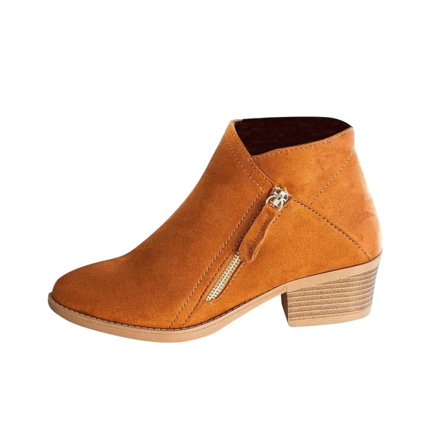 jsaierl Women's Casual Booties Fall Fashion Solid Color Short Boots Mid Heel Pointed Side Zip Ankle Boot