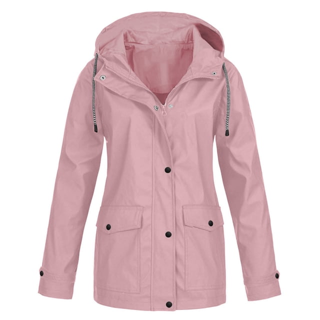 Pompotops Women Solid Rain Jacket Outdoor Plus Size Waterproof Hooded Raincoat Windproof Clearance