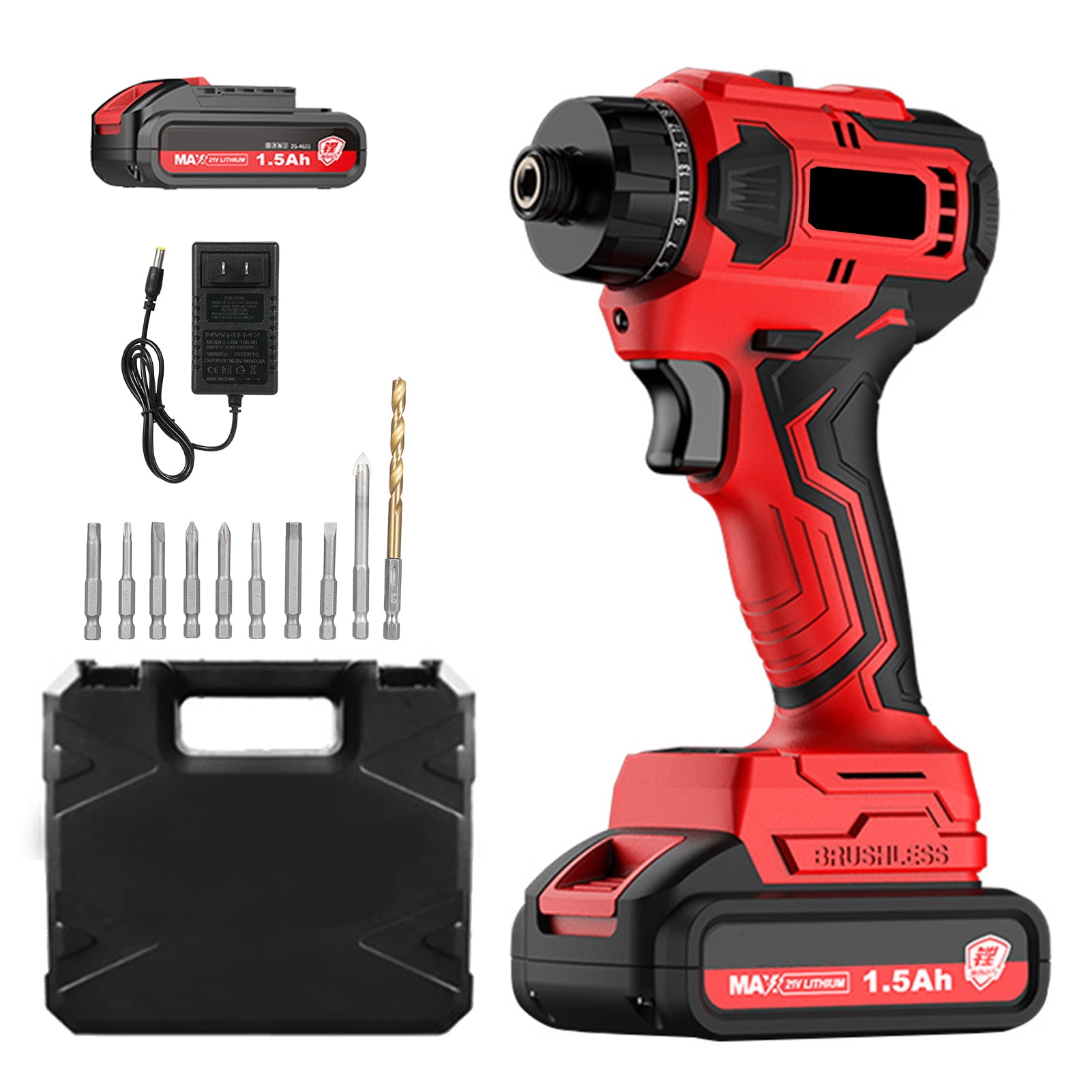 Mistaha 21V Cordless Lithium Electric Screwdriver Set with 10 Drill Bits, Dual Voltage Charger, Red+Black, Brushless Motor, Adjustable Torque & Speed, Ideal for Home Appliances Installation.