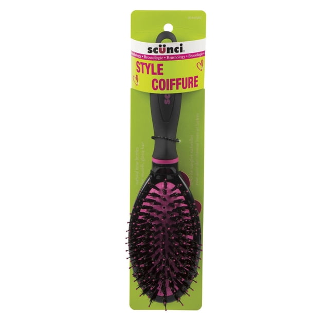 Scünci Brushology Cushion paddle hairbrush with black handle and pink cushion base, featuring natural boar bristles and ball-tipped pins for smooth, frizz-free hair, displayed on a green backing card with bilingual styling text.