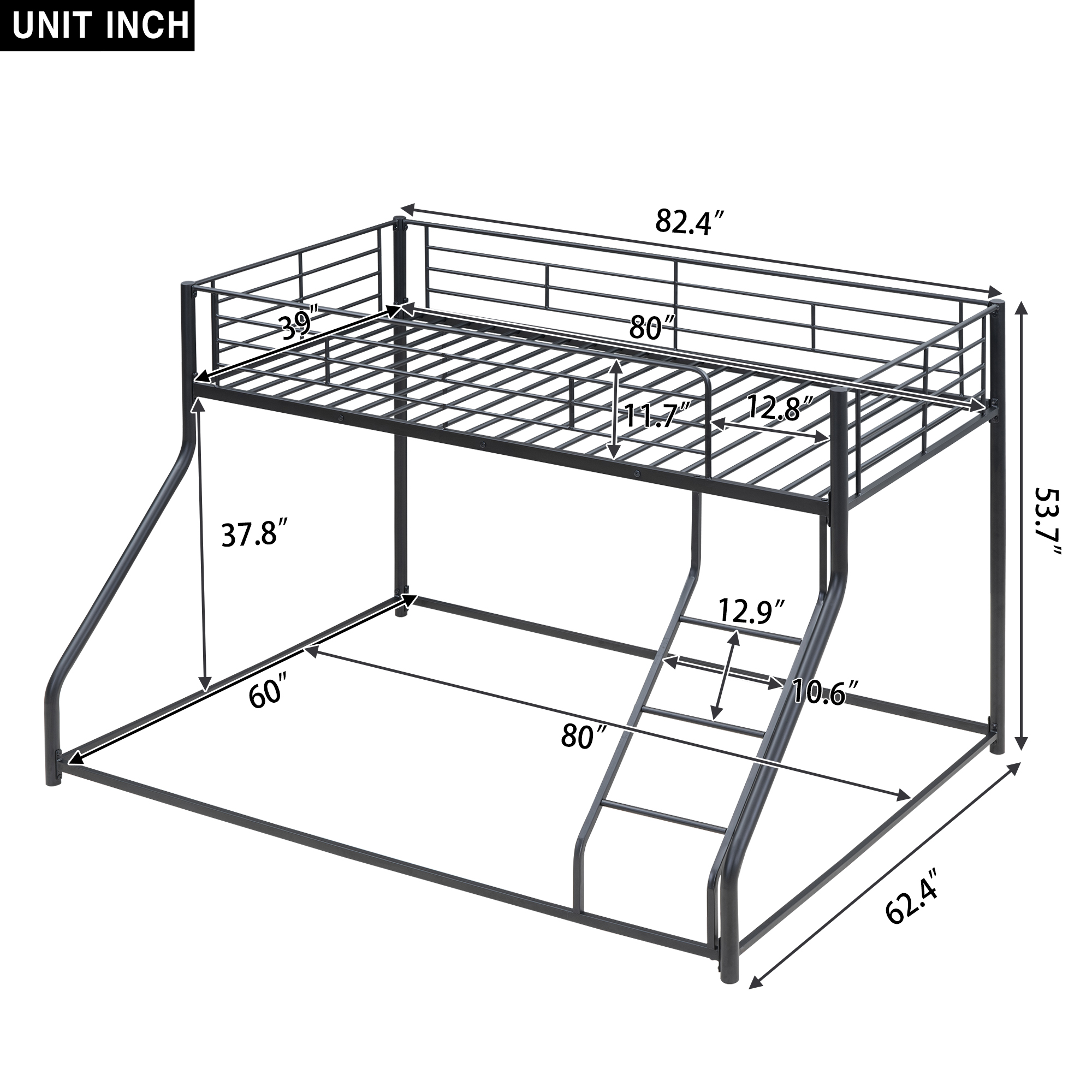 Noble House Full XL Over Queen Metal Bunk Bed,Black Industrial Frame with Guardrails & Slats,Black