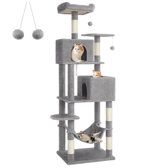 Feandrea Arbre à Chat, Tour pour Chat de 75,2 Po pour Chats d'Intérieur, Condo pour Chat en Peluche à Plusieurs Niveaux avec 5 Poteaux à Griffer, 2 Perchoirs, 2 Niches, Hamac, 2 Pompons, Gris Fumé