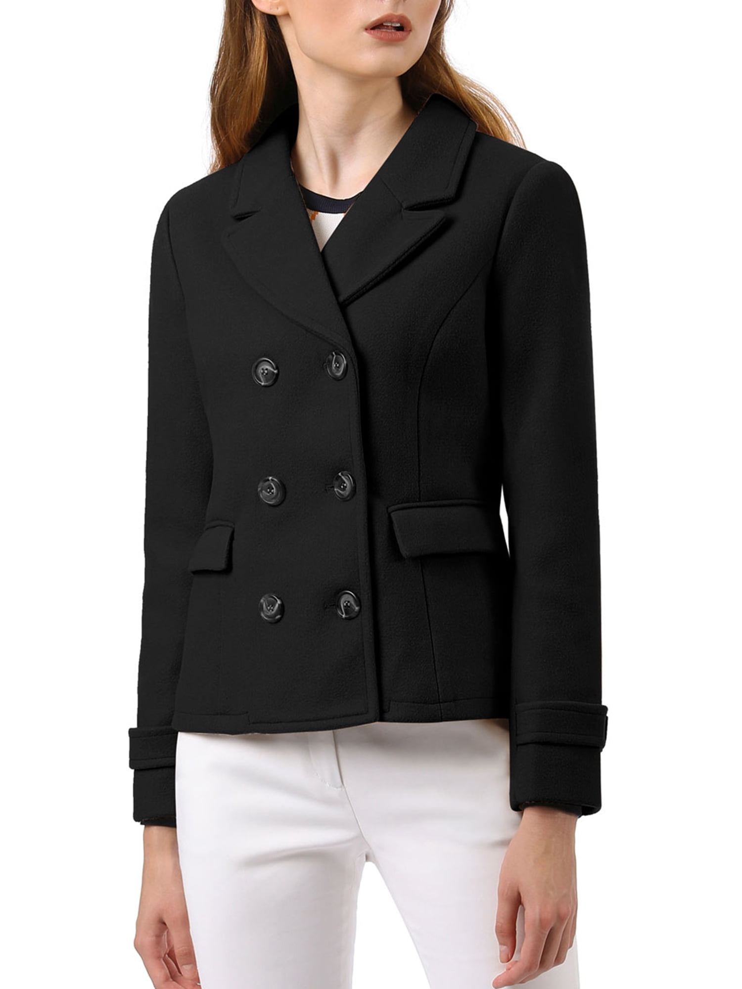 INSPIRE CHIC Caban Court d'Hiver pour Femme à Revers Cranté en V, Double Boutonnage