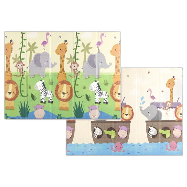 Dream On Me Play time reversible baby Play mat, Model #460, showing both sides with colorful animal prints. One side features safari animals like giraffes, elephants, lions, zebras, monkeys, flamingos, and hippos on a green grassy background. The other side depicts a water scene with a boat carrying animals including a zebra, hippo, crocodile, elephant, flamingo, and monkey on a blue water background. The large, foldable mat offers a safe, cushioned play space for infants and toddlers.