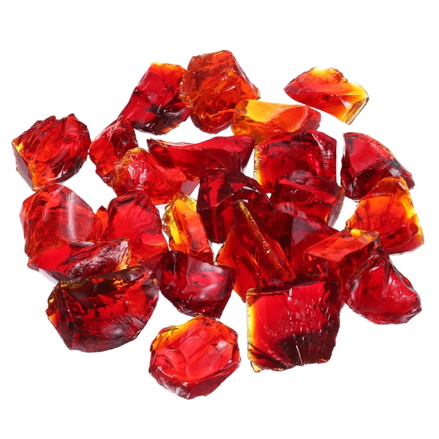 Fire Glass for Fire Pit, 2-3mm (1/9 inch) high luster natural glass rocks in red. The irregularly shaped glass pieces have a reflective surface, enhancing the visual appeal of fire pits, fireplaces, or fire bowls. Suitable for indoor and outdoor use, these glass rocks are heat-resistant and designed to create a warm ambiance. Ideal for residential homes, hotels, and entertainment venues.