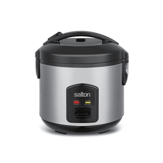 Salton Cuiseur et Cuiseur à Riz Automatique 8 Tasses RC2027 avec Corps en Acier Inoxydable et Couvercle à Charnière Noir, Vue de devant Affichant des Voyants Indicateurs de Cuisson et de Réchauffement et un Interrupteur de Commande, Comprend un Panier de Cuisson à la Vapeur et un Bol Antiadhésif pour Cuire et Cuire à la Vapeur jusqu'à 8 Tasses de Riz Ou de grains Tout en Gardant au Chaud.