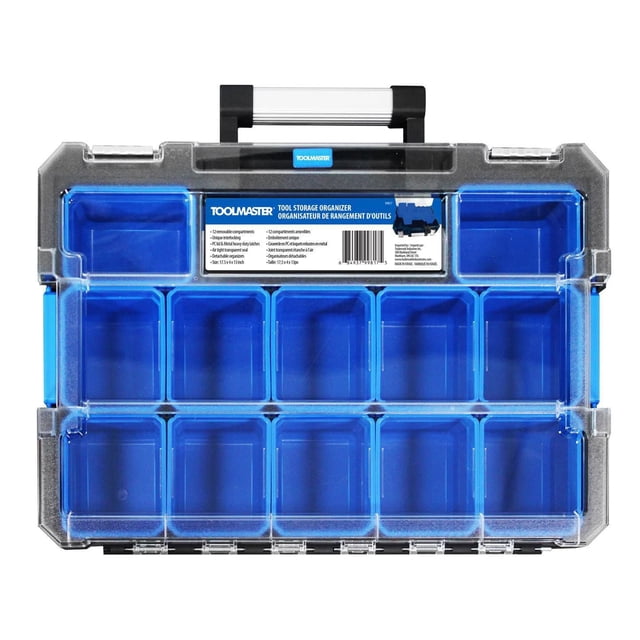 Toolmaster Tool Storage Organizer with 12 removable blue compartments under a clear break-resistant lid with metal heavy-duty latches, featuring a durable silver and black handle, airtight transparent seal, and unique interlocking design, measuring 17.25 by 4 by 13 inches, suitable for organizing small parts on the jobsite.