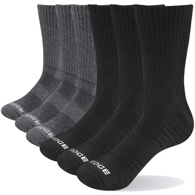 Chaussettes de Travail pour Hommes en Coton Coussinées, Chaussettes de Sport de Randonnée, Lot de 6 Paires. l'Image Affiche six Paires de Chaussettes Montantes en Noir et Gris, avec Poignets Côtelés, Talons et Orteils Renforcés, et design d'Orteils Sans Couture pour un Confort Accru. Fabriquées de 80 % Coton, 17 % Fibre de polyester et 3 % Élasthanne, Ces Chaussettes Évacuent l'Humidité, Offrent un Soutien de la Voûte Plantaire, et Conviennent aux Pointures de Chaussures 6-13 US. Idéales pour les Activités Athlétiques, la Randonnée et l'Usage Quotidien,