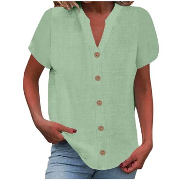 Timegard Top for Women Summer Notched V Neck Short Sleeve Button Lightweight Casual Loose Tee Shirts