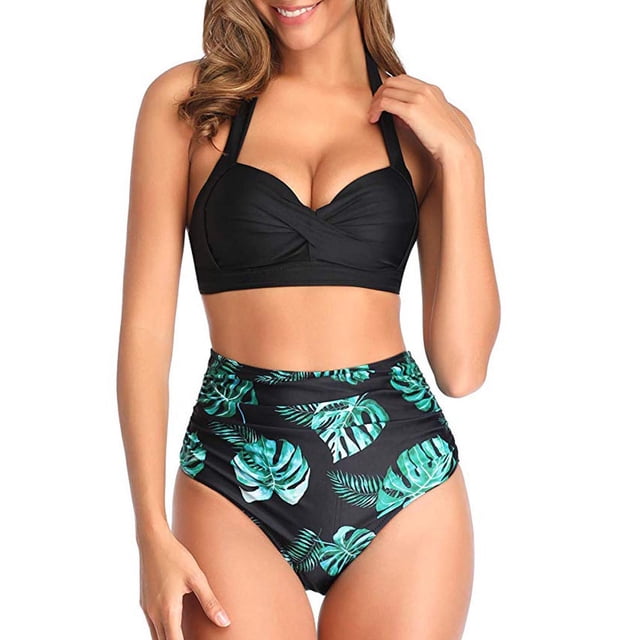 Women Vintage Swimsuit Two Piece Retro Halter Ruched High Waist Print Bikini Set