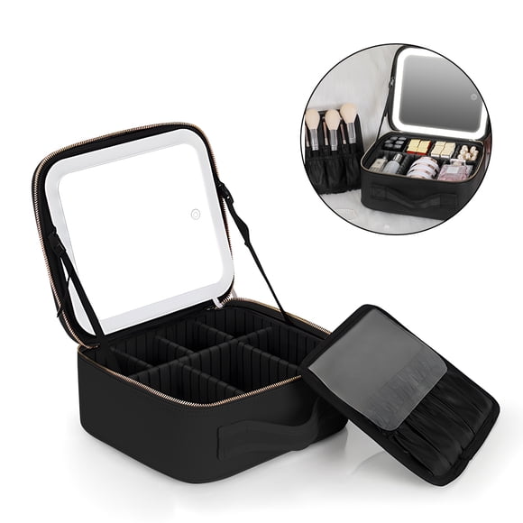 Travel Makeup Bag with Light Up Mirror 3 Color Lights