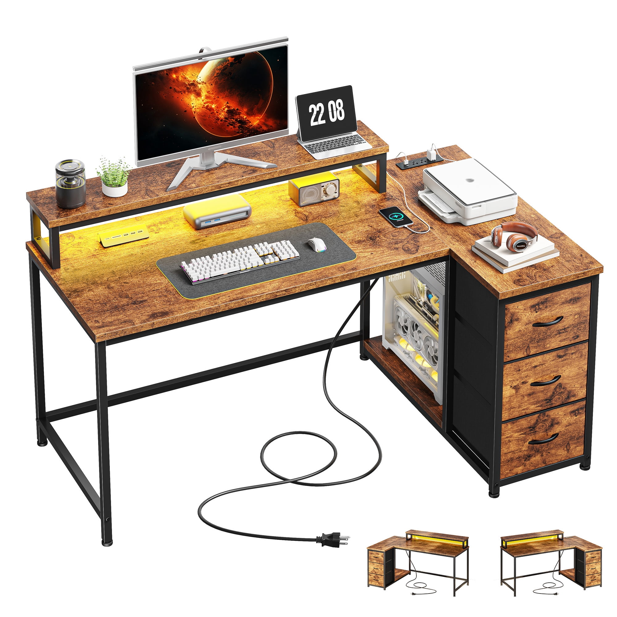 Exenoray L-Shaped Computer Desk with 3 Fabric Drawers, LED Light & Power Outlet, 48" Home Office Corner Desk with Monitor Stand, Rustic Wood & Metal Gaming Desk for Bedroom & Office