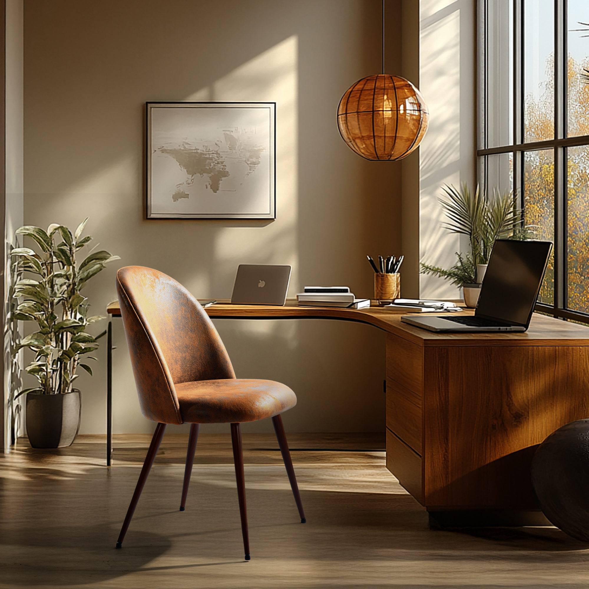 Ensemble de 2 chaises de bureau modernes Homy Casa, dossier incurvé rembourré en imitation daim brun