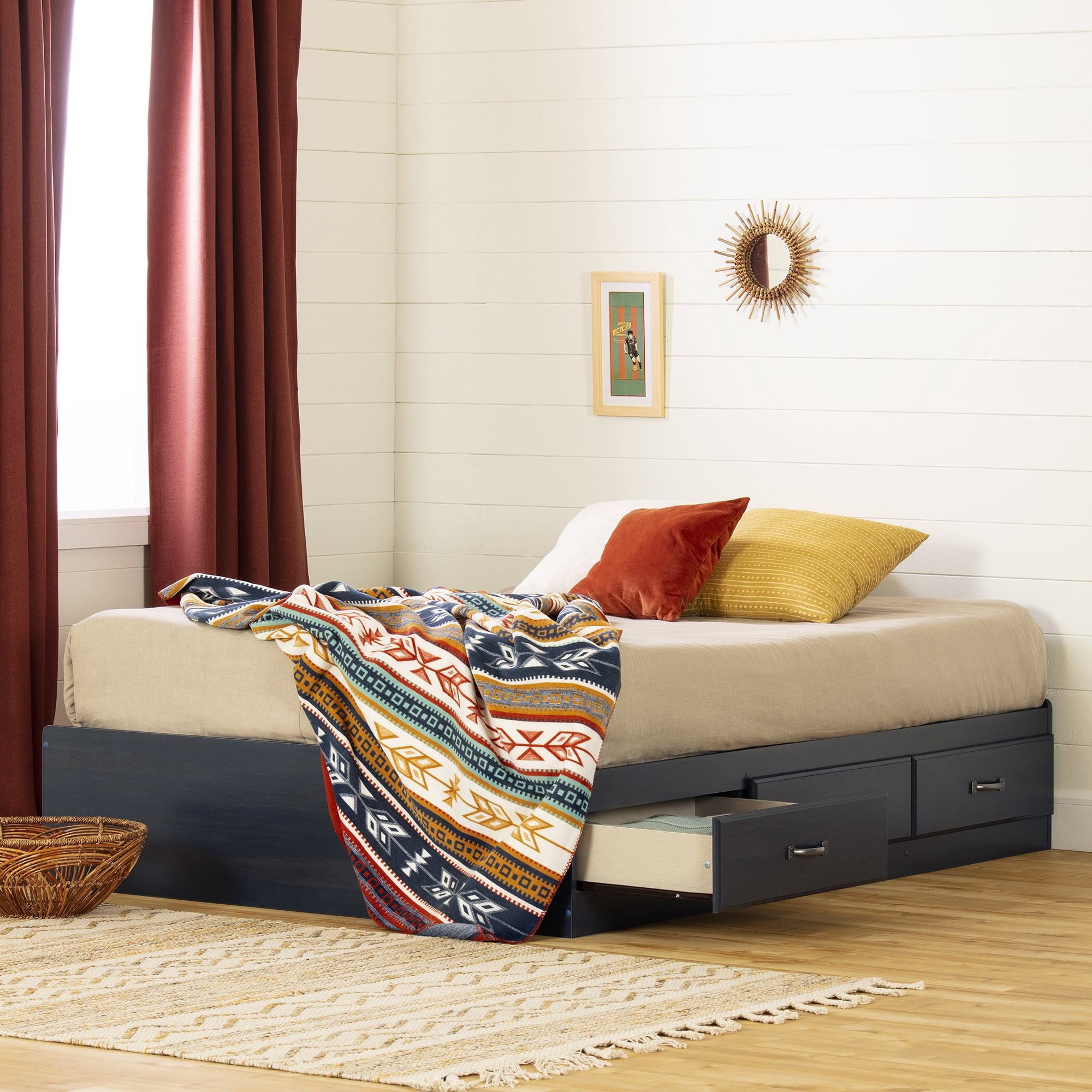 South Shore Ulysses Full Mates Platform Storage Bed with 3 Drawers, in Blueberry