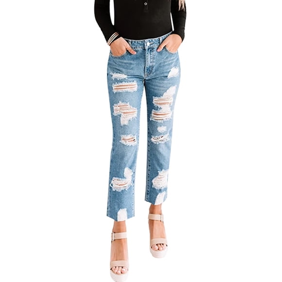 JDinms Womens Destroyed Ripped Holes Jeans Straight Leg Slim Fit Denim Pants