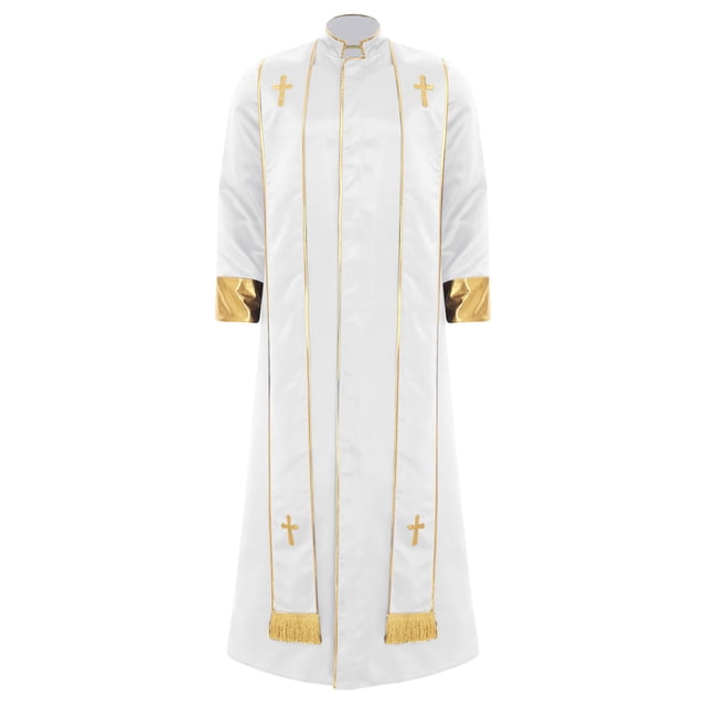 iiniim Robe Longue de Prêtre Médiéval Renaissance pour Hommes, Culte à l'Église, Fête d'Halloween, Costume de Cosplay en Blanc, Taille P. la Robe Présente un Col Montant, des Manches Longues et une Fermeture Éclair avant pour un Enfilage Facile. des Décorations Croix Dorées et des Détails de Garniture Renforcent Son Esthétique Cérémoniale et Religieuse. Fabriquée à Partir de 95 % polyester et 5 % Élasthanne pour la Durabilité et la Flexibilité. Comprend une Étole Assortie avec accents Dorés. Convient aux Cérémonies Religieuses